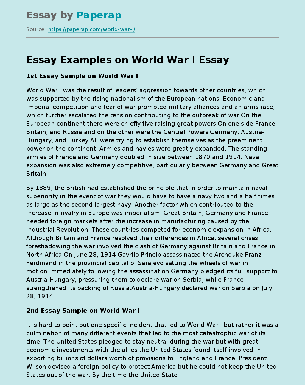 Essay Examples on World War I