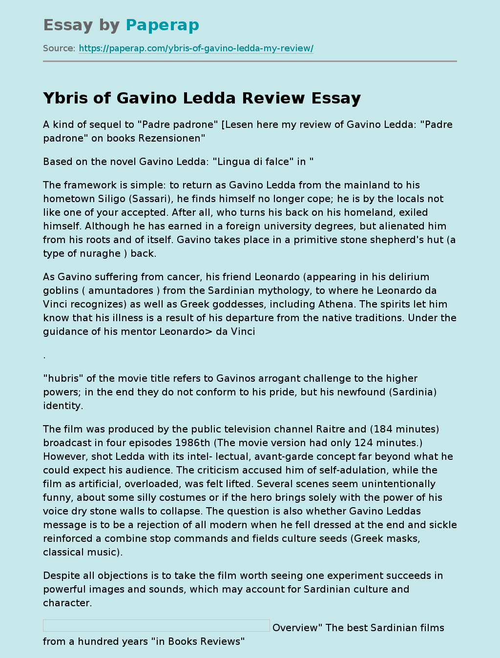 Ybris of Gavino Ledda Review