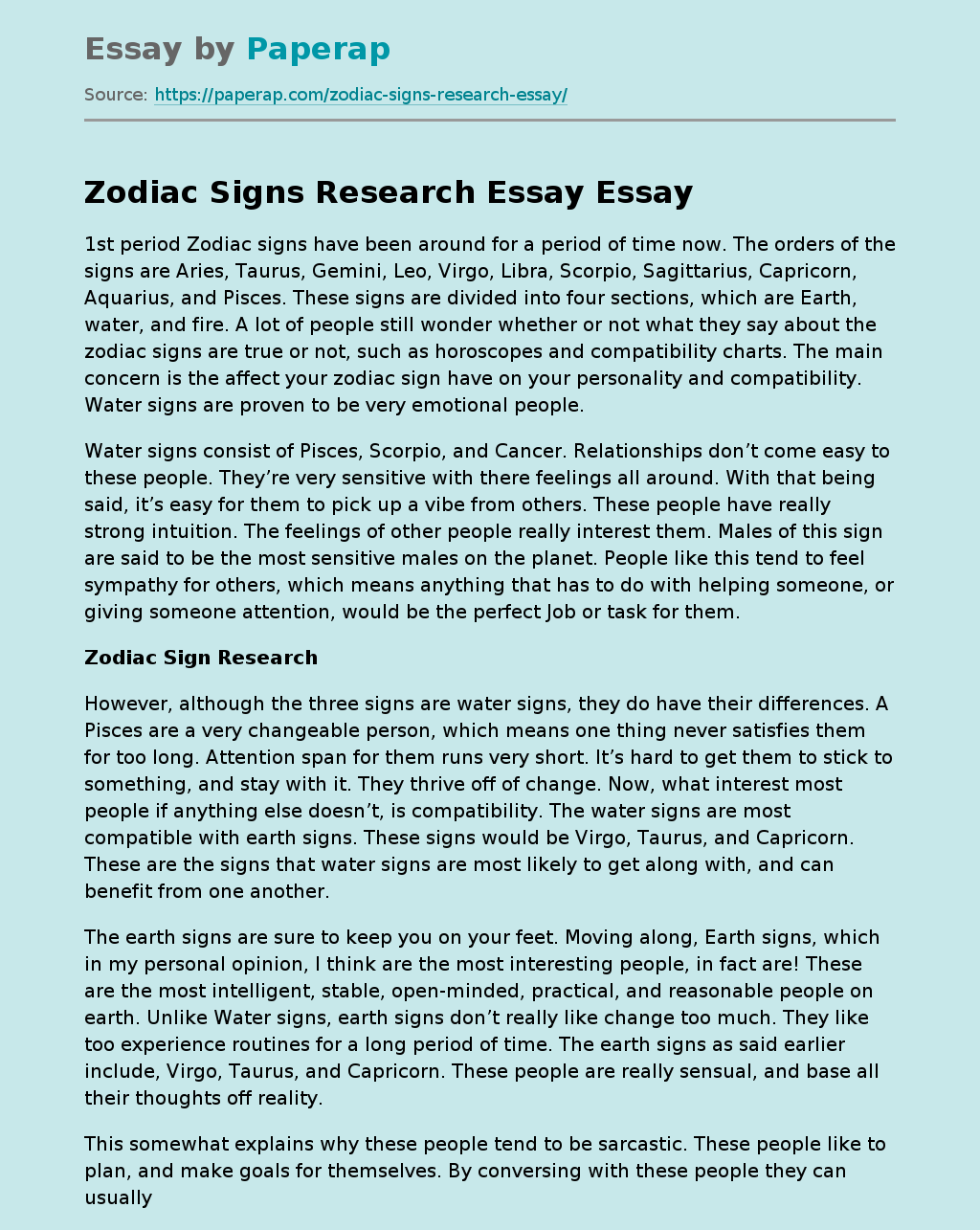Zodiac Signs Research Essay